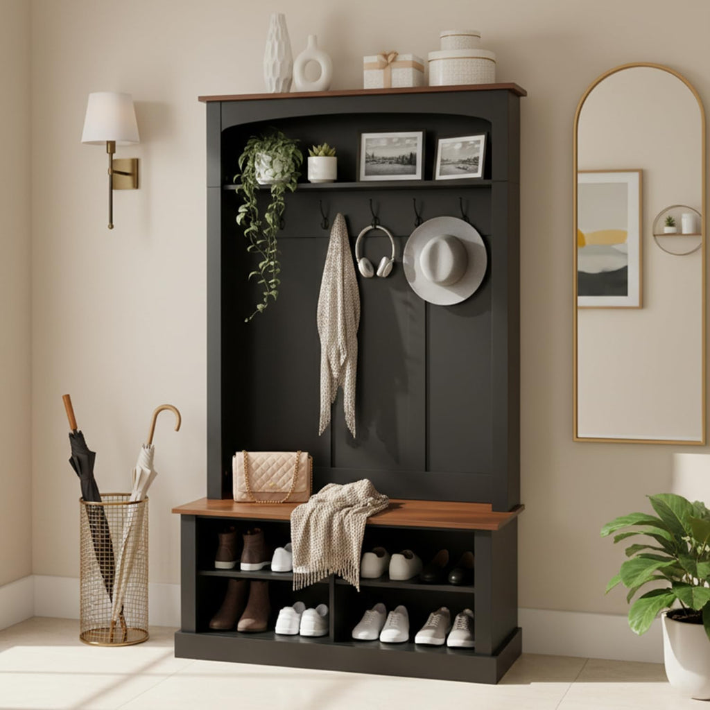 holzart 40.2" Wide Farmhouse Hall Tree with Bench, Entryway Coat Rack & Shoe Storage Cabinet with 5 Hooks, 71" Tall Mudroom Furniture with Adjustable Shelves for Hallway, Foyer, Black