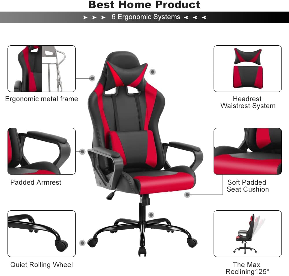 Ergonomic Gaming Chair, High Back PU Leather Office Chair with Adjustable Lumbar Support & Headrest – Swivel Computer Desk Chair for Adults, Teens, Kids – Heavy Duty Executive Red Game Chair-Red