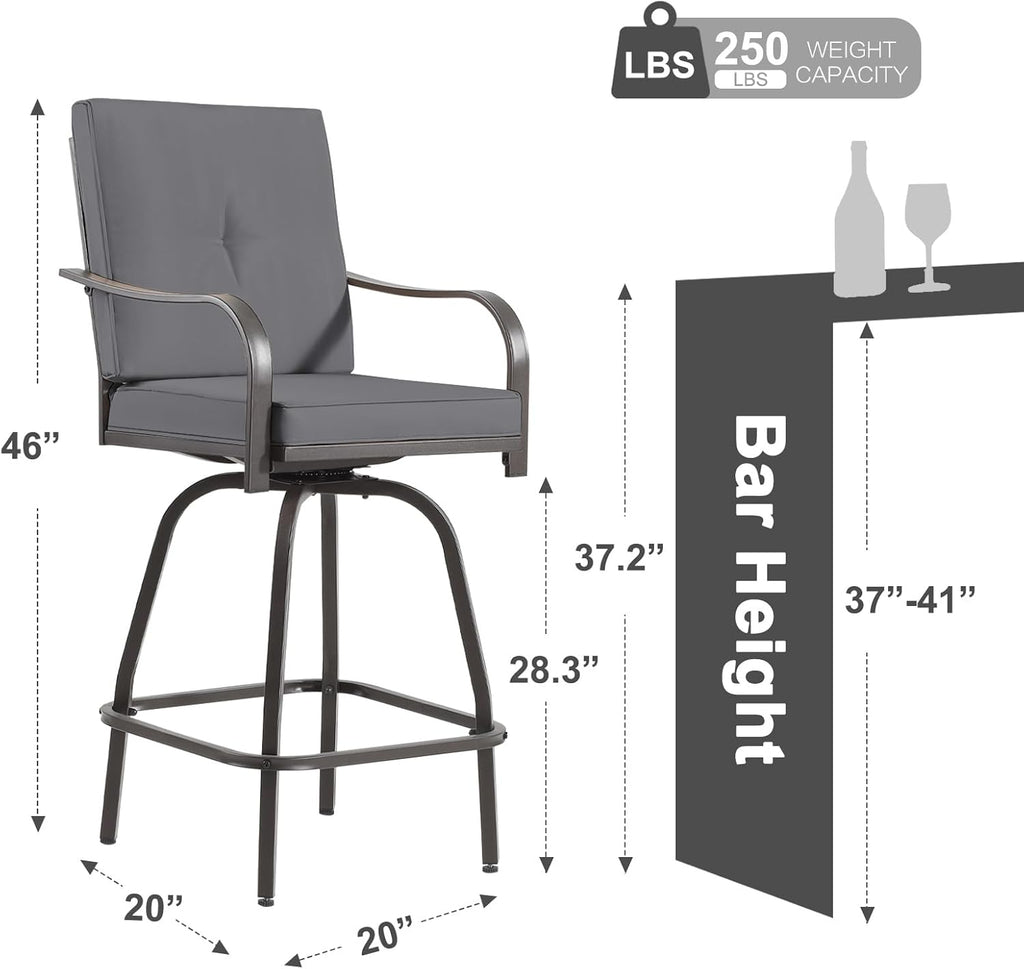 Outdoor Swivel Bar Stools Set of 4, Patio Bar Height Swivel Stools with Cushions for Garden Balcony Backyard, Grey