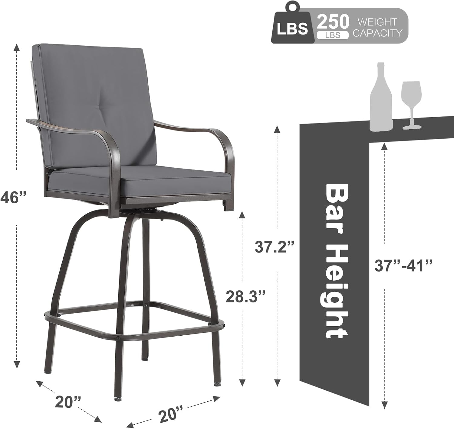 Outdoor Swivel Bar Stools Set of 4, Patio Bar Height Swivel Stools with Cushions for Garden Balcony Backyard, Grey