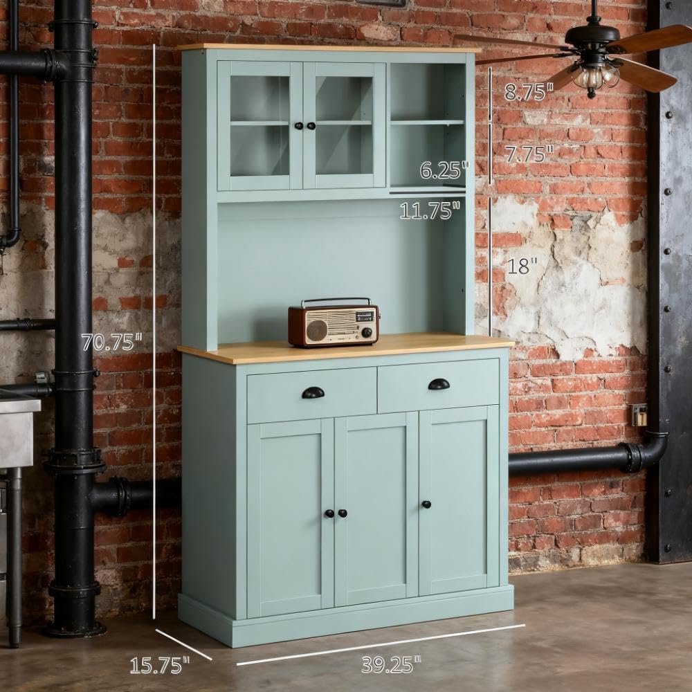 Freestanding Kitchen Pantry Cabinet with Hutch – 5-Door Storage Buffet with Glass Doors, Adjustable Shelves, Drawers, and Anti-Tip Safety Strap – Ideal for Dining Room Organization