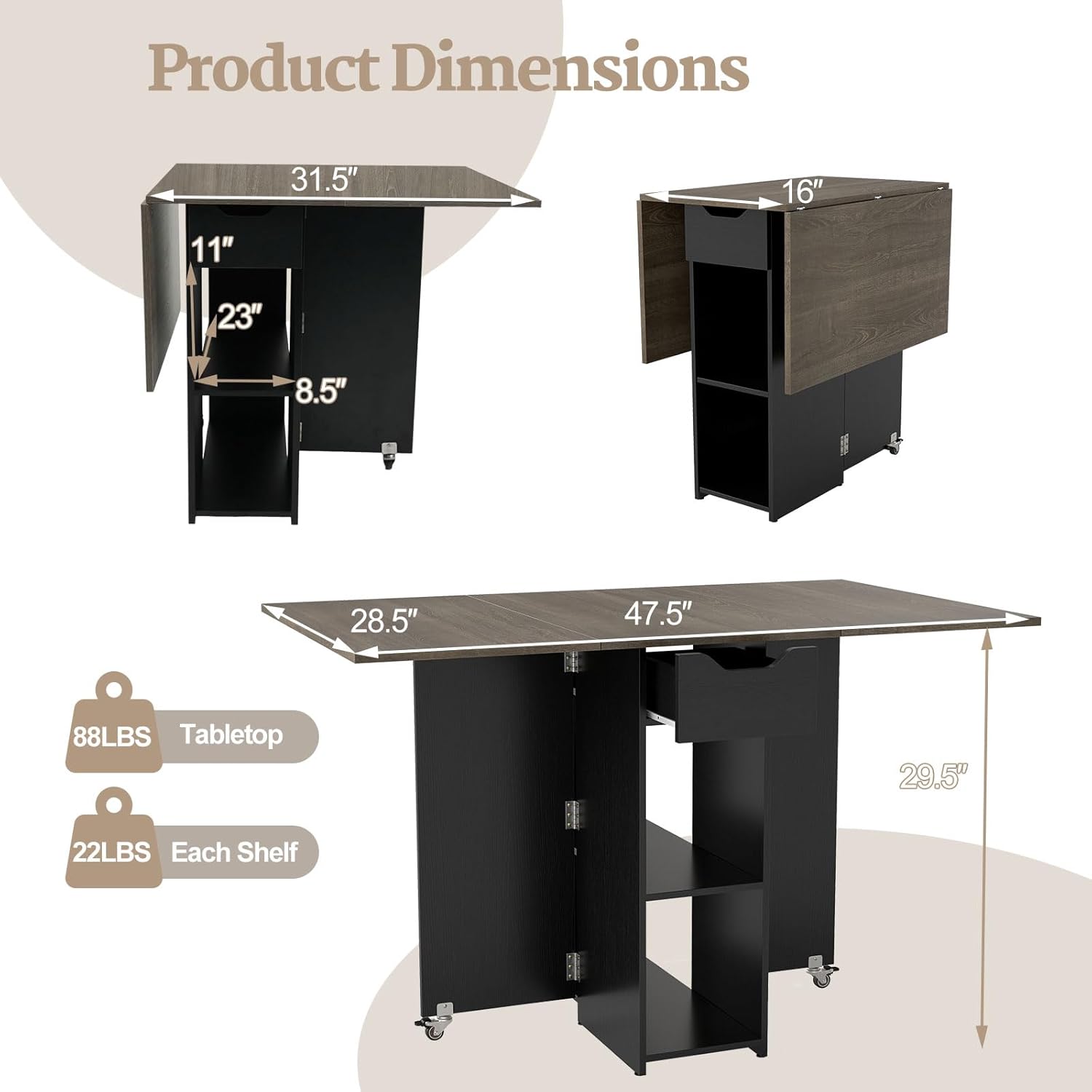 GOFLAME Drop Leaf Dining Table for 2-4, Folding Kitchen Table with Open Shelves & Drawer, Lockable Wheels, Space Saving Extendable Table for Dining Room, Living Room, Small Space, Grey Oak & Black