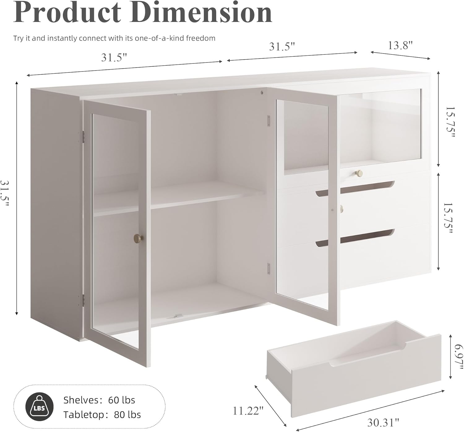Easyego 63‘’Storage Cabinet,Sideboard Buffet Cabinet with Glass Doors and Drawers,Modern Wood Coffee Bar for Kitchen, Living Room,Dining Room，Entryway (White)