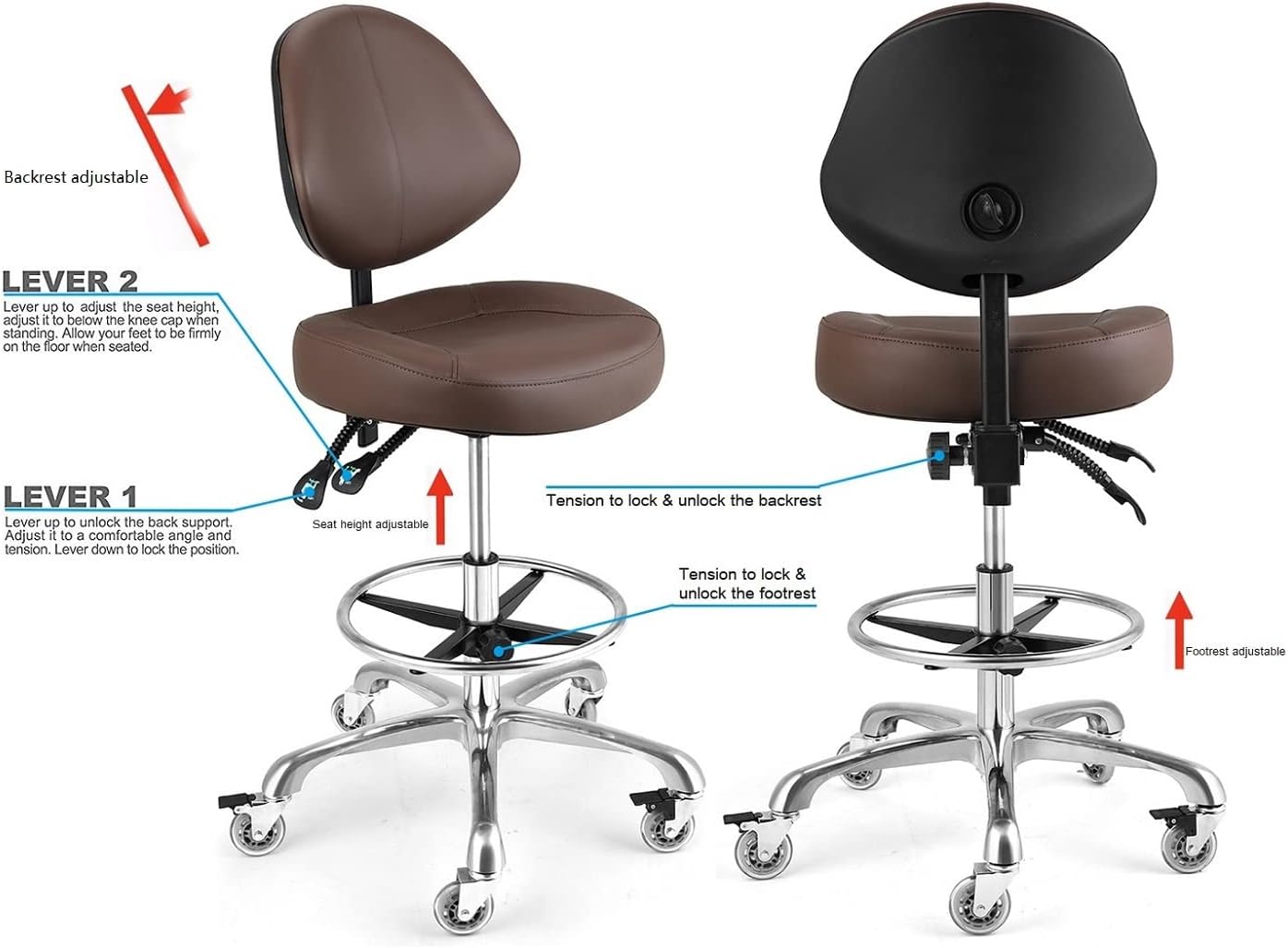 Rolling Drafting Chair with Back Support - Tall Office Chair for Standing Desk Adjustable Foot Ring Swivel Rolling Stools for Workshop Art Studio Salon Shop Counter Home Office (Brown)