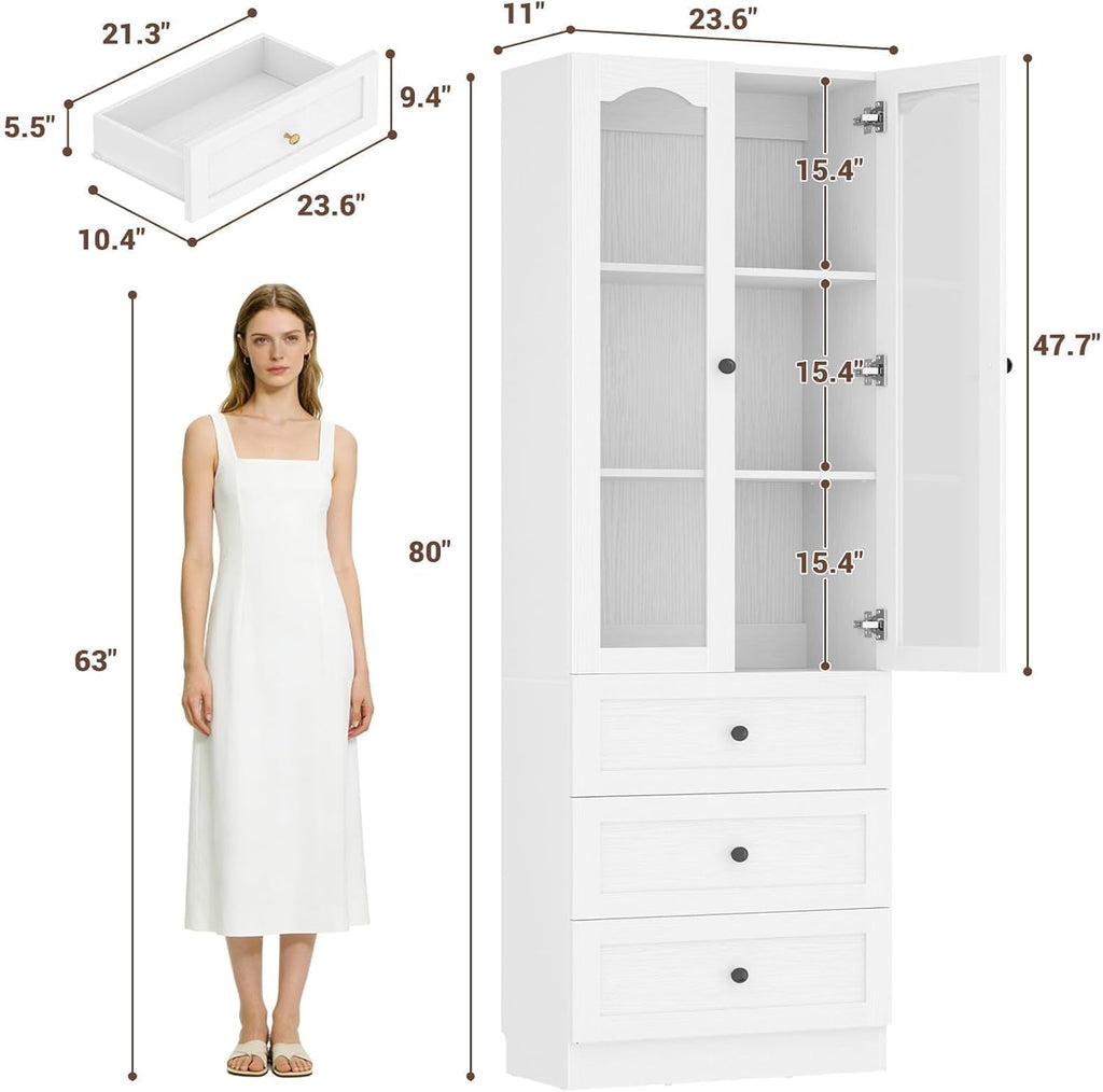 Cyclysio 80" Tall Pantry Cabinet for Kitchen Storage, White Pantry Cabinet with Glass Doors & 3 Drawers - Freestanding Storage Bookcase with Built-in Baseboard Notch for Dining, Living Room