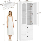 Cyclysio 80" Tall Pantry Cabinet for Kitchen Storage, White Pantry Cabinet with Glass Doors & 3 Drawers - Freestanding Storage Bookcase with Built-in Baseboard Notch for Dining, Living Room