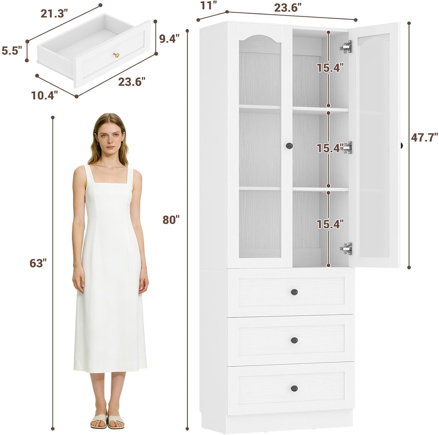 Cyclysio 80" Tall Pantry Cabinet for Kitchen Storage, White Pantry Cabinet with Glass Doors & 3 Drawers - Freestanding Storage Bookcase with Built-in Baseboard Notch for Dining, Living Room