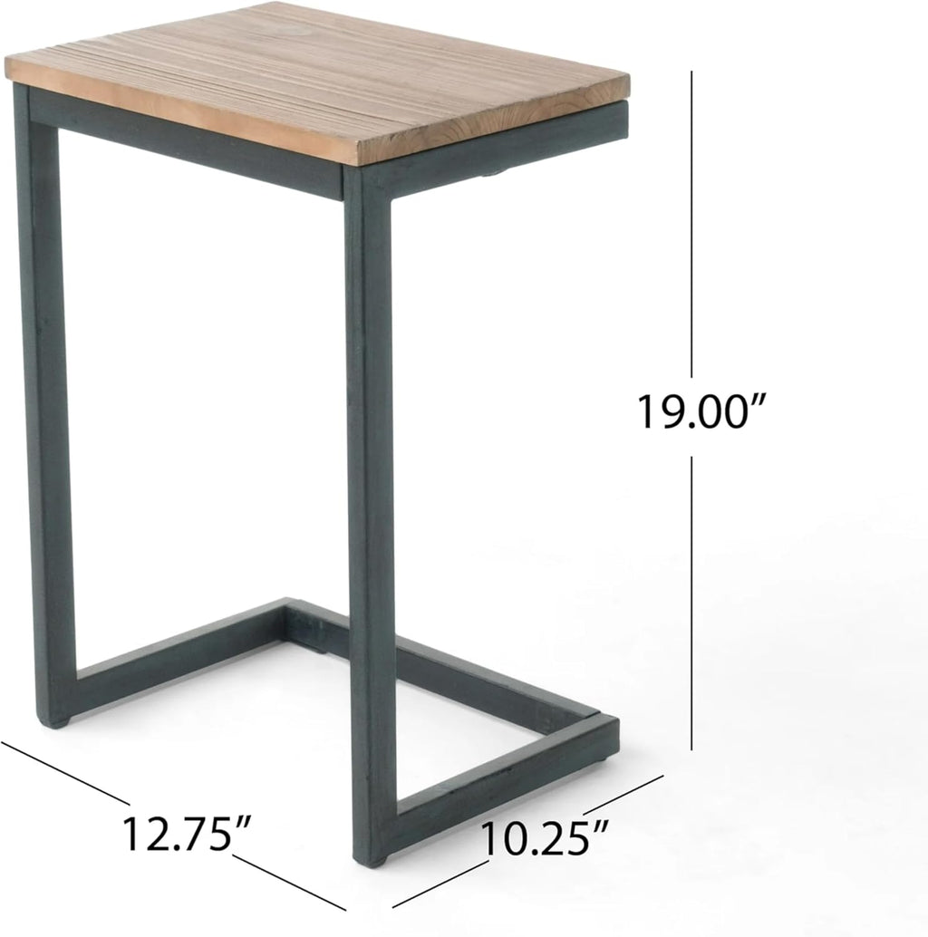 Christopher Knight Home Abithb C-Shaped Accent Table, Industrial Antique Iron Base Side End Table with Natural Fir Wood Top, Wooden Sofa Side Furniture for Living Room, Bedroom, Office, 19" H