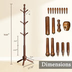 Solid Wood Coat Rack Stand, Vintage Heavy Duty Coat Hanger Stand with 9 Hooks, 3 Adjustable Size Sturdy Coat Tree for Living Room, Entryway, Office, Hallway, Brown
