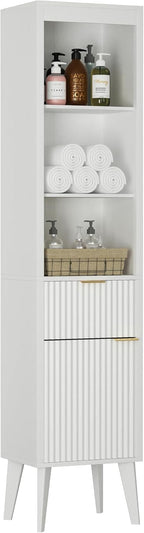 70-Inch Height Storage Cabinet with Fluted Doors, White Freestanding Modern Accent Floor Organizer for Kitchen, Pantry and Bathroom, w/Drawer & Adjustable Shelves