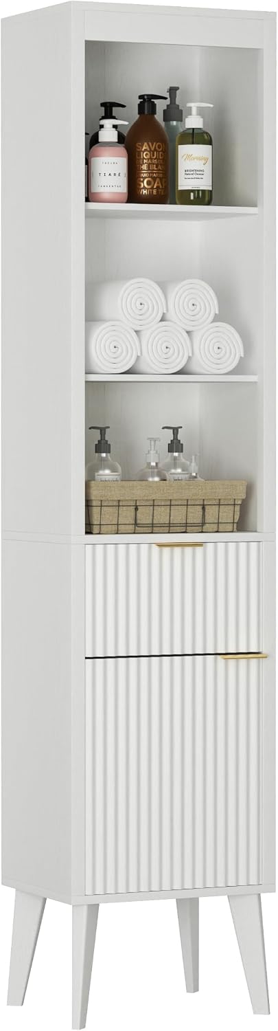 70-Inch Height Storage Cabinet with Fluted Doors, White Freestanding Modern Accent Floor Organizer for Kitchen, Pantry and Bathroom, w/Drawer & Adjustable Shelves