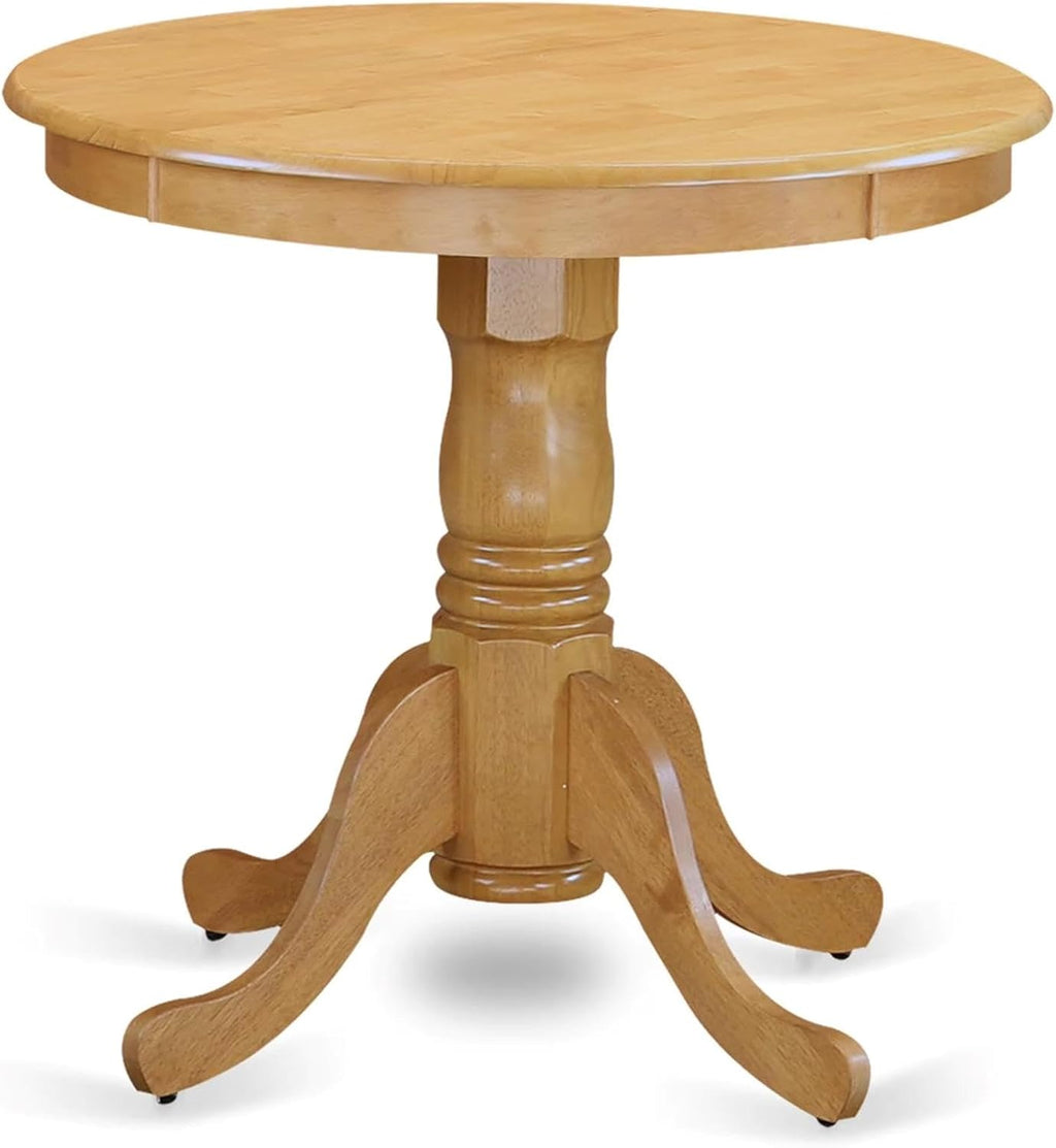 Pemberly Row Round Rubberwood Dining Table, 30 in Diameter, Oak Finish, Compact Design, Pedestal Base, Traditional Style, Durable Construction for Small Spaces Dining Room