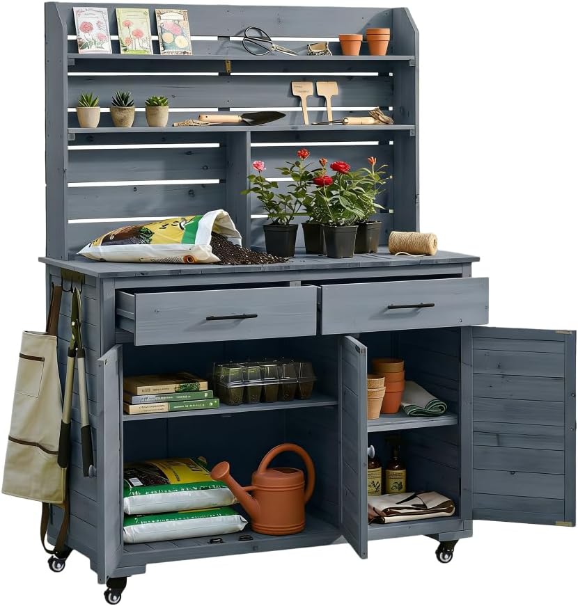 TOPMAX Potting Bench, Garden Prep Cart with Lockable Wheels, Large Storage Cabinet, Outdoor Kitchen Island, Drawers & Removable Shelves, Perfect for Grilling and Gardening Activities, Gray