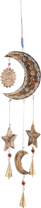 Deco 79 Mango Wood Sun and Moon Windchime with Glass Beads and Cone Bells, 7" x 1" x 27", Gold