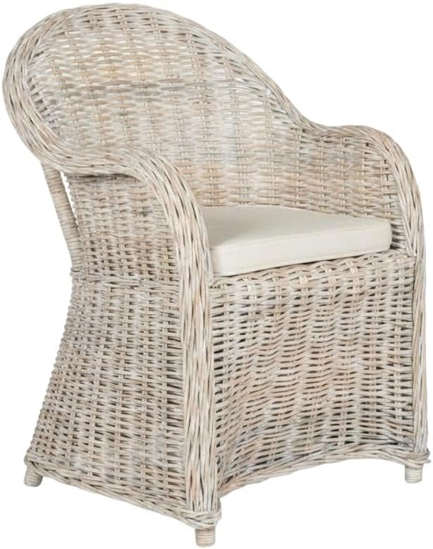 White Wicker Club Chair with Rattan Frame, Cotton Fabric, Comfortable Armrest, Stylish Design for Outdoor Lounge, Deck Or Patio