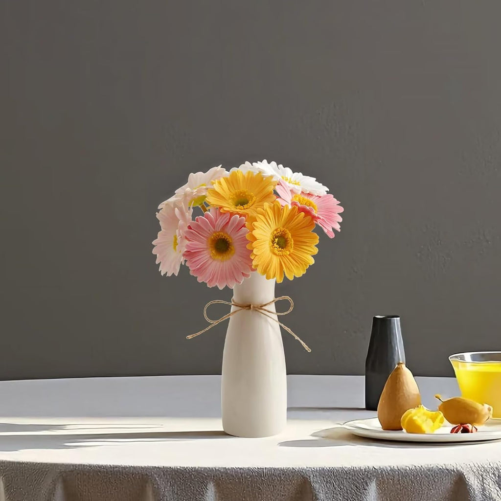 Small Vase White Ceramic Jute Rope Simple Vases for Home Decor Minimalist Modern Flower Vase Elegant Decorative Glossy Vase for Pampas Grass, Office, Living Room, Mantel and Bedroom Décor