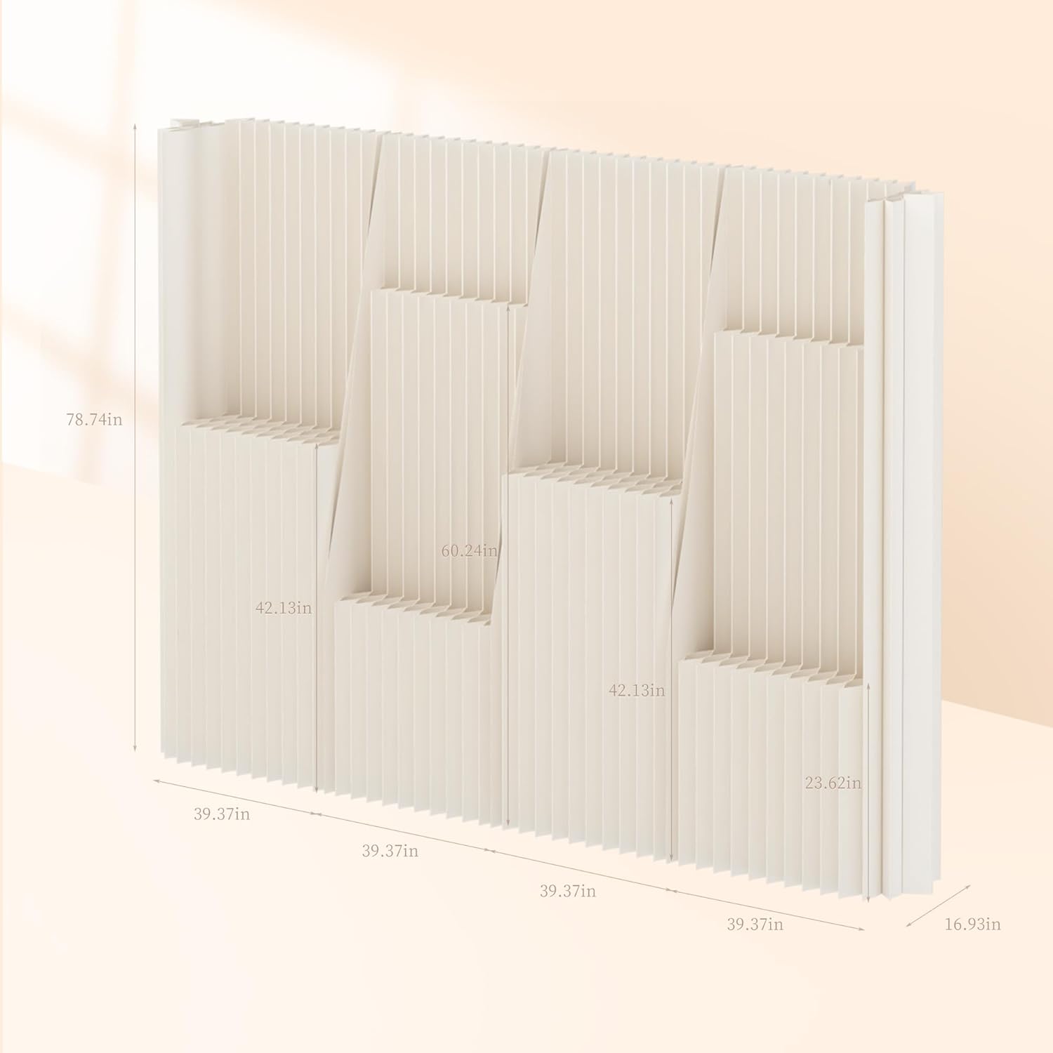Portable Accordion Paper Room Divider with Storage Shelves, Folding Privacy Screen Partition Wall, Freestanding Room Separator for Office, Studio Apartment, Home, Dorm, Exhibition (13.2'W x 6.6'H)