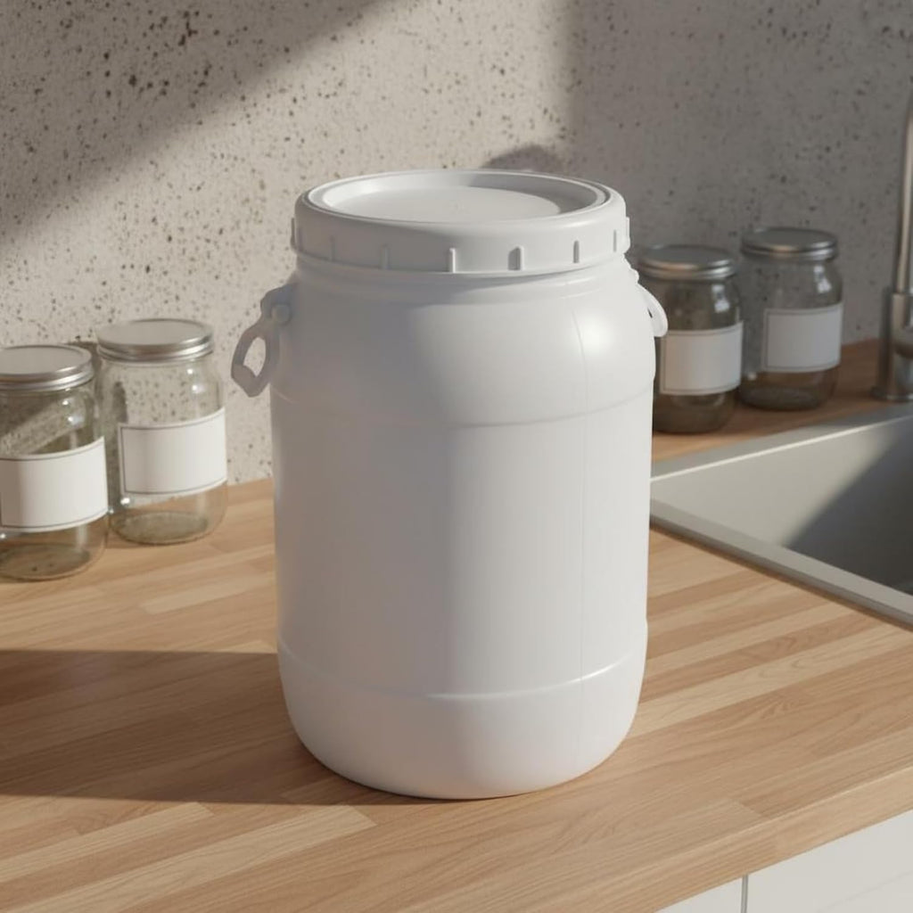 Large Capacity Container with Wide Opening HDPE Storage Drum Secure Lid Multipurpose Barrel Suitable for Organizing Edible Ingredients Water Storage Household Supplies, White, 35L