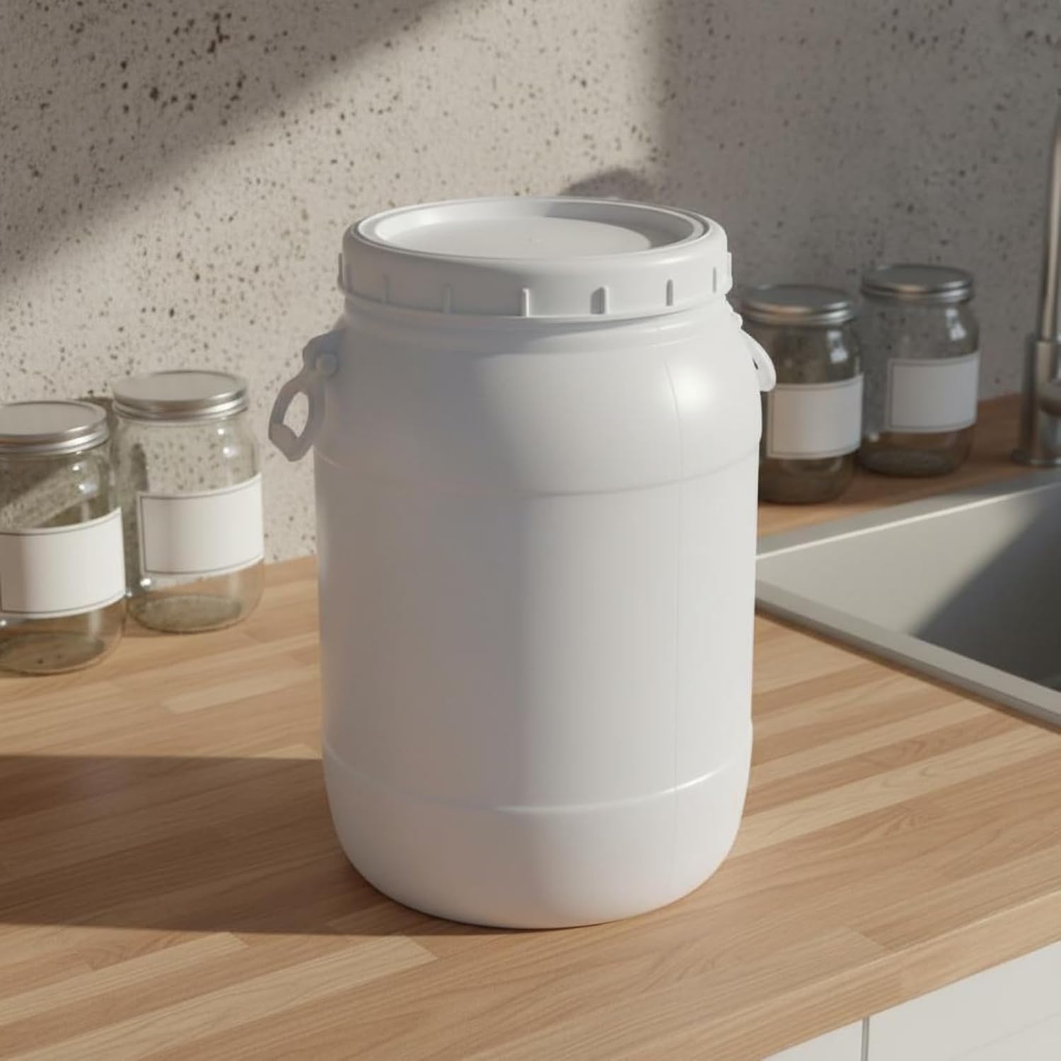 Large Capacity Container with Wide Opening HDPE Storage Drum Secure Lid Multipurpose Barrel Suitable for Organizing Edible Ingredients Water Storage Household Supplies, White, 35L