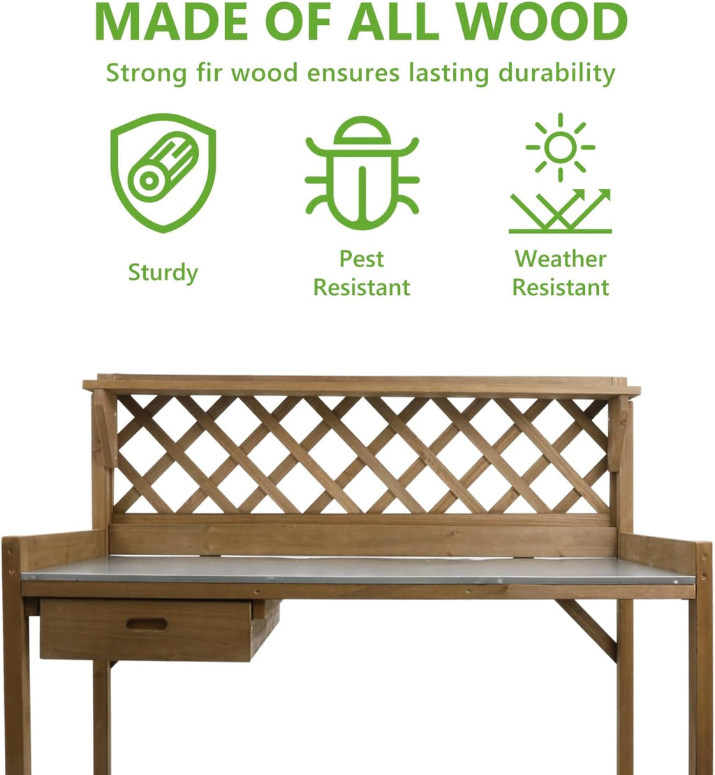 PetsCosset Garden Potting Benches & Tables,Outdoor Wooden Work Station W/Metal Table Top,Drawer,Large Bottom Shelf,Open Shelf Natural Wood-Natural Stained