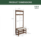 Oak Coat Rack, Solid Wood Hall Tree with Shoe Bench, 2-Tier Shoe Rack with 7 Hooks for Entryway, Hallway, 13.8" x 31.5" x 72.8", Walnut