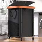 150L (40 Gal) Large Fashion Laundry Basket with Wheels, Leather Patchwork Rolling Hamper Carts, Sturdy Metal Frame, Removable Washable Bag, Tall Clothes Sorter for Bedroom, Laundry Room - Black