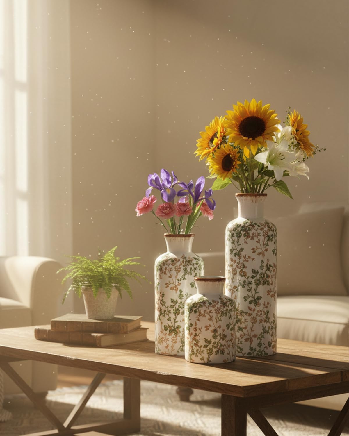 Ceramic Vase Set of 3, Vintage Ceramic Flower Vases, Crackle-Glaze & Distressed Rim, Brown & Green Botanical Pattern, for Home Decor, Living Room Mantel & Dining Table Centerpiece