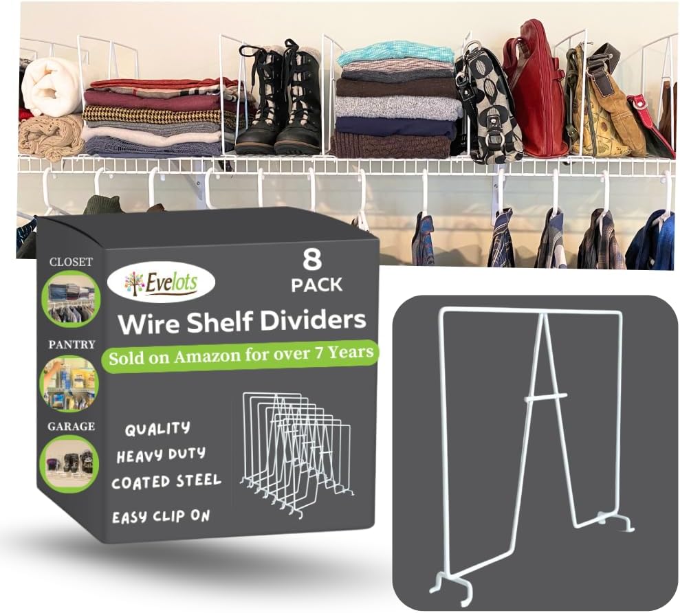 Evelots Tall Wire Shelf Dividers -8 Pack- Closet Storage & Organization for Office/Pantry/Garage Shelf Separator - Easy Clip-No Tool - Solid Coated Steel