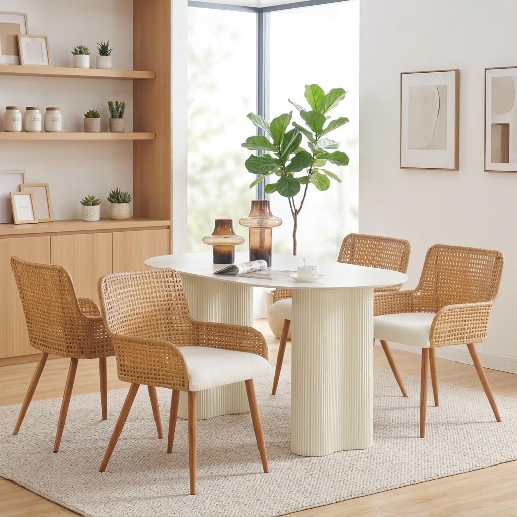 Rattan Dining Chairs Set of 4, Wicker Dining Chairs with Metal Legs,Upholstered Cane Back Dining Chair Set of 4 with Boucle Cushion for Bedroom, Kitchen,Coastal Dining Chairs