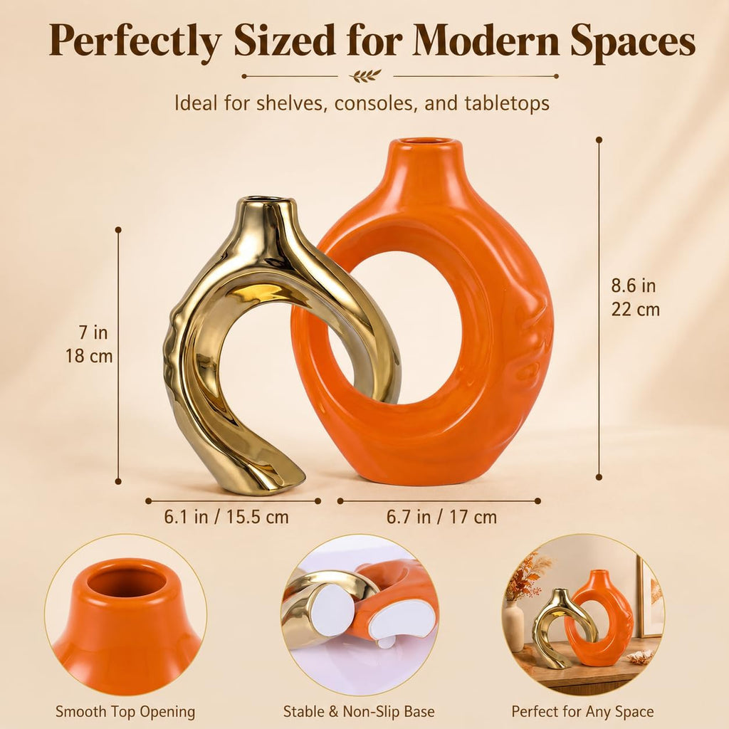 Orange Gold Ceramic Vase Set of 2 for Modern Home Decor,Round Boho Vase for Pampas Grass,Neutral Minimalist Statue for Dining Room Table Centerpiece Dining Room,Wedding Table Decoration