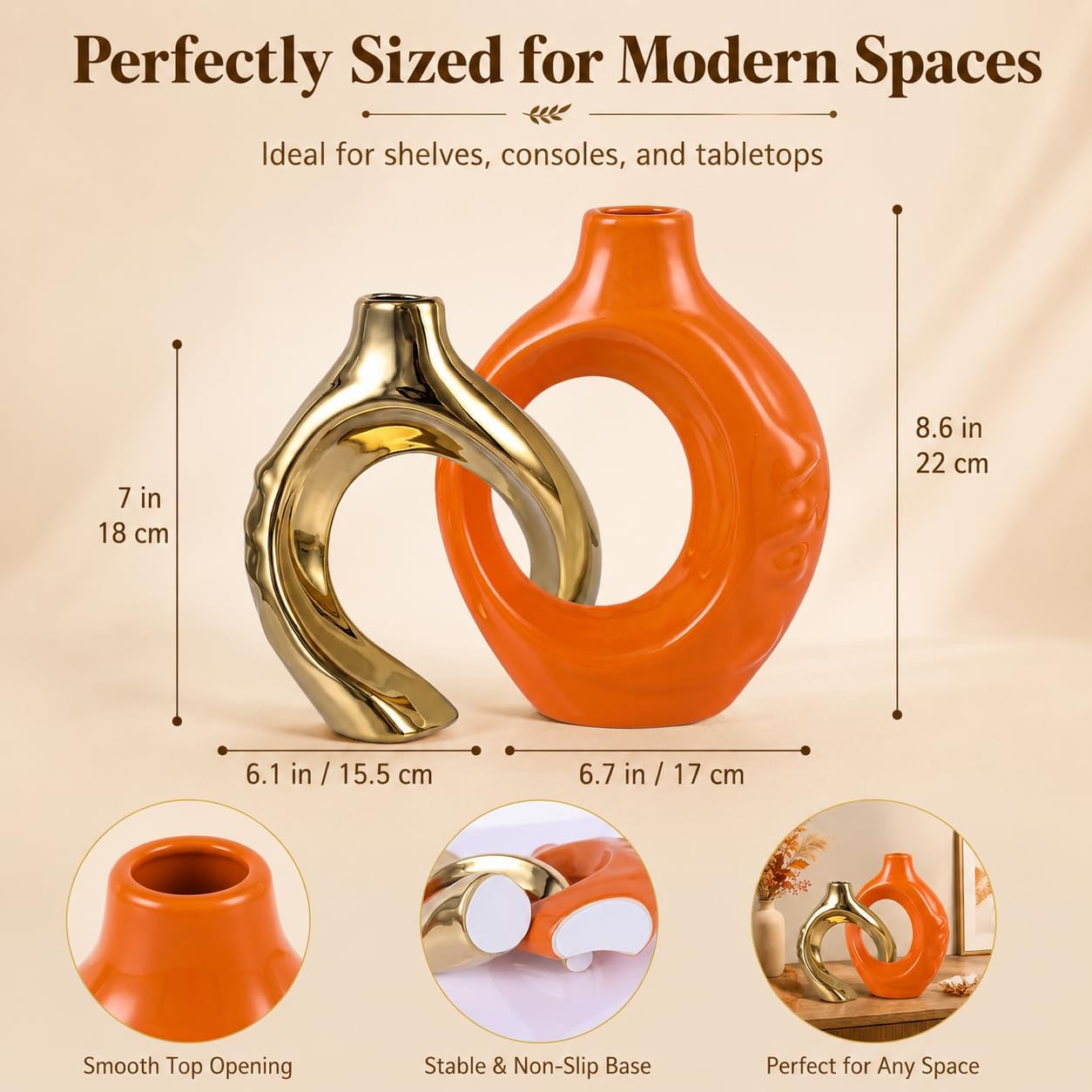 Orange Gold Ceramic Vase Set of 2 for Modern Home Decor,Round Boho Vase for Pampas Grass,Neutral Minimalist Statue for Dining Room Table Centerpiece Dining Room,Wedding Table Decoration