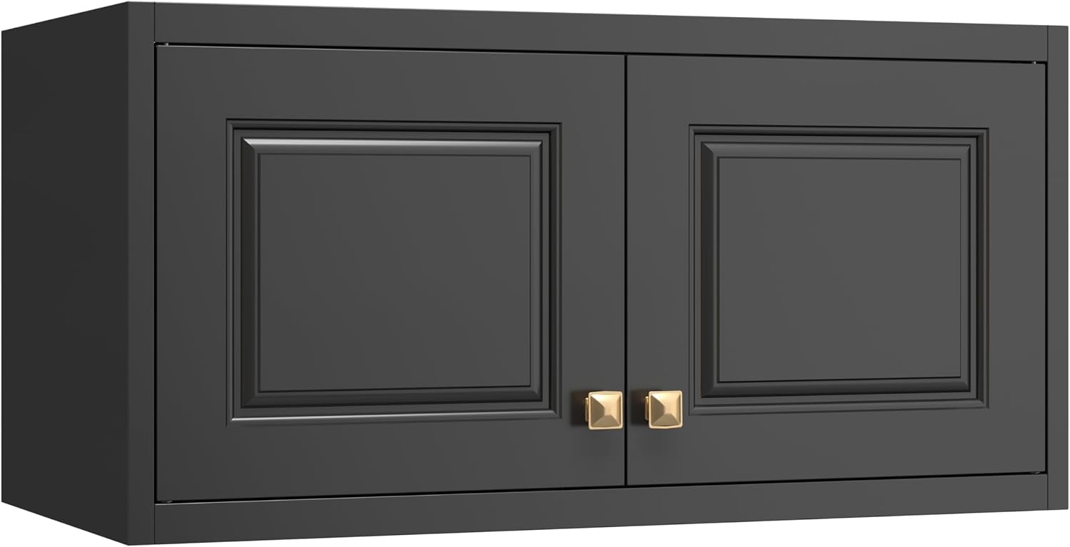 32" Wall Storage Cabinet with 2 Doors & Gold Handle | Black Metal, Hanging Design, for Bathroom, Kitchen, Rust-Resistant, Anti-Tip, Easy Assembly, Hardware Included
