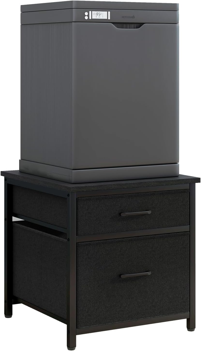 YMYNY Mini Fridge Stand with Storage, Mini Fridge Cabinet with Fabric drawers, 250lbs Heavy-Duty Compact Refrigerator Table, Coffee Bar Shelf, for Home, Office, Bedroom, Black HBR008B