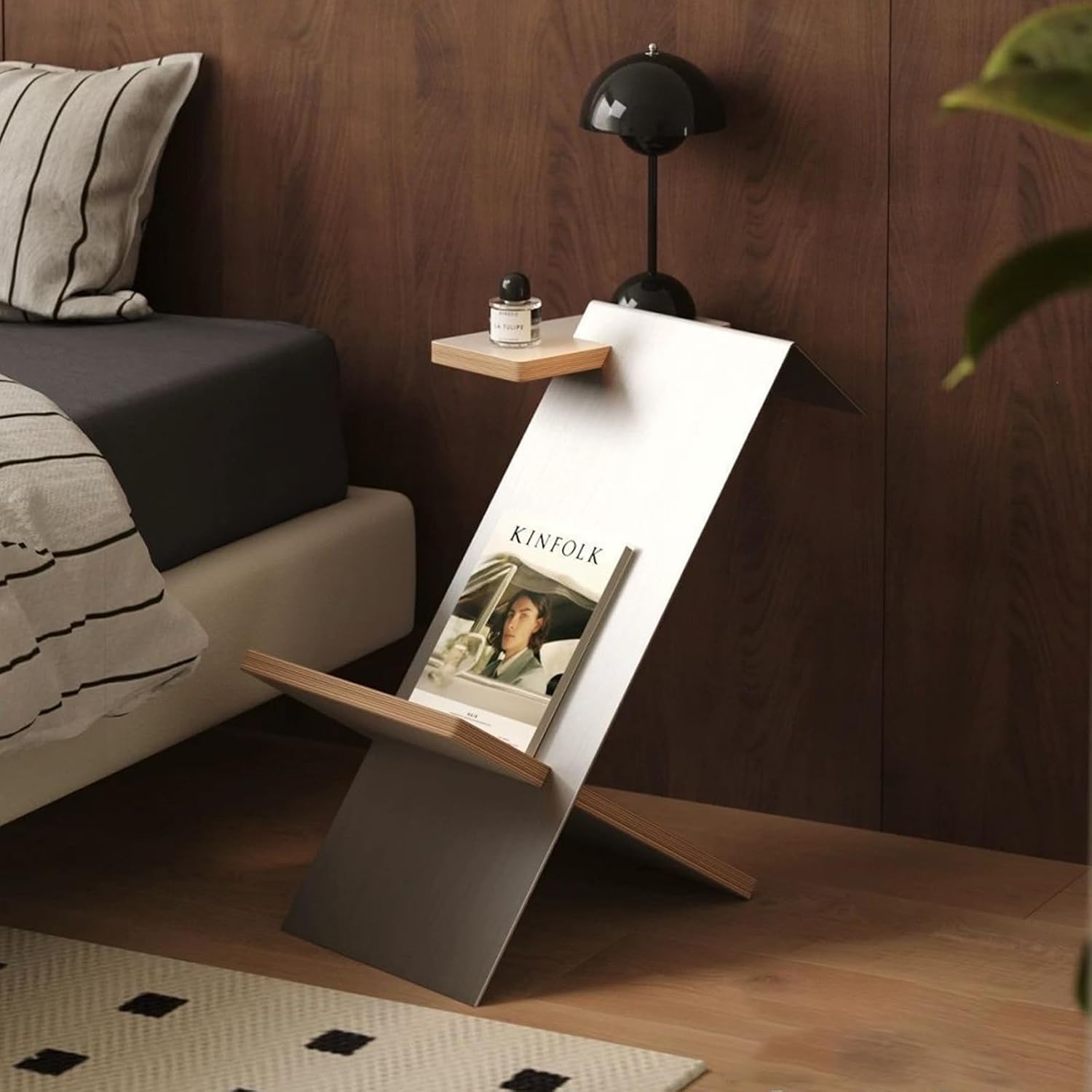 Modern Bauhaus Style Side Table, 201 Stainless Steel, Z-Shape Magazine Rack with Wood Shelves, Minimalist Sofa End Table for Couch Dinner Coffee Drink Table TV Snack Tray, 19.5 x 15.7 x 11.8 Inches