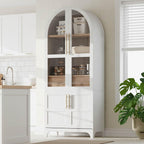 71" Tall Arched Kitchen Pantry Cabinet with Glass Doors, Farmhouse Storage Cupboard, Two-Tone Adjustable Shelves, Hidden Drawer, Soft-Closing Doors for Dining Room & Living Room, (White)