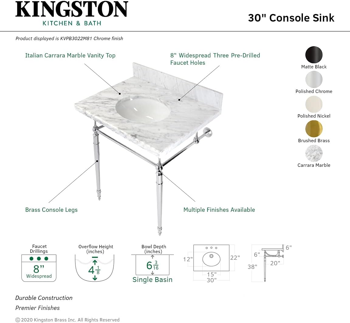 Kingston Brass KVPB3022M87 Edwardian 30" Console Sink with Brass Legs (8-Inch, 3 Hole), Marble White/Brushed Brass
