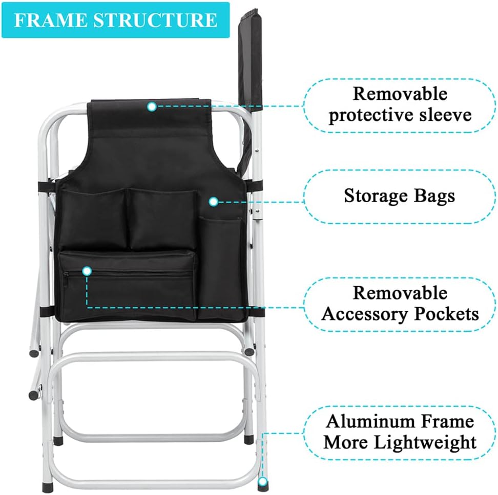 Tall Directors Chair, Portable Makeup Artist Chair with Side Table, Cup Holder, Storage Bag and Footrest, 41'' Seat Height Folding Camping Chairs for Tailgating Camp Lawn Picnic Fishing Beach
