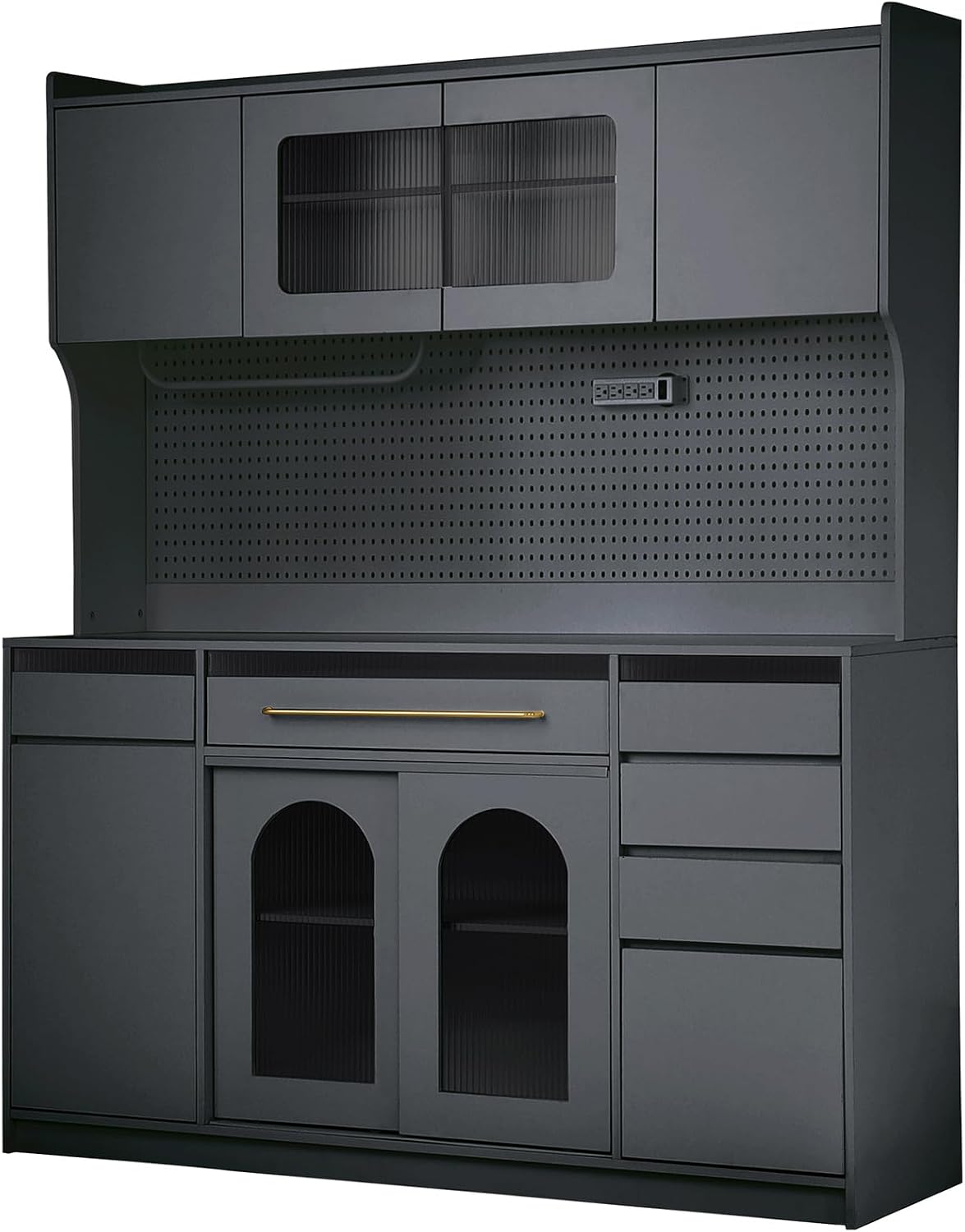 63'' W Freestanding Buffet Kitchen Pantry Cupboard with Hutch, Large Coffee Bar Storage Cabinet with 6 Drawers, 5 Cabinets with Adjustable Shelves,Pegboard,Towel Rack, Power Outlet