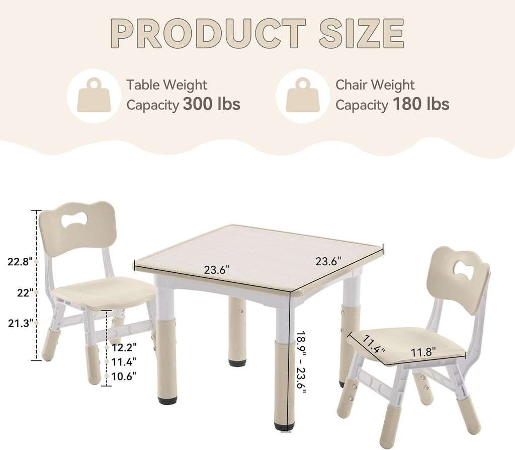GITAWUSA Kids Study Table and Chairs Set, Height Adjustable Toddler Table and Chair Set for Kids Ages 3-8, 23.6" L x 23.6" W Graffiti Desktop Plastic Children Art Table with 2 Seats, Burlywood