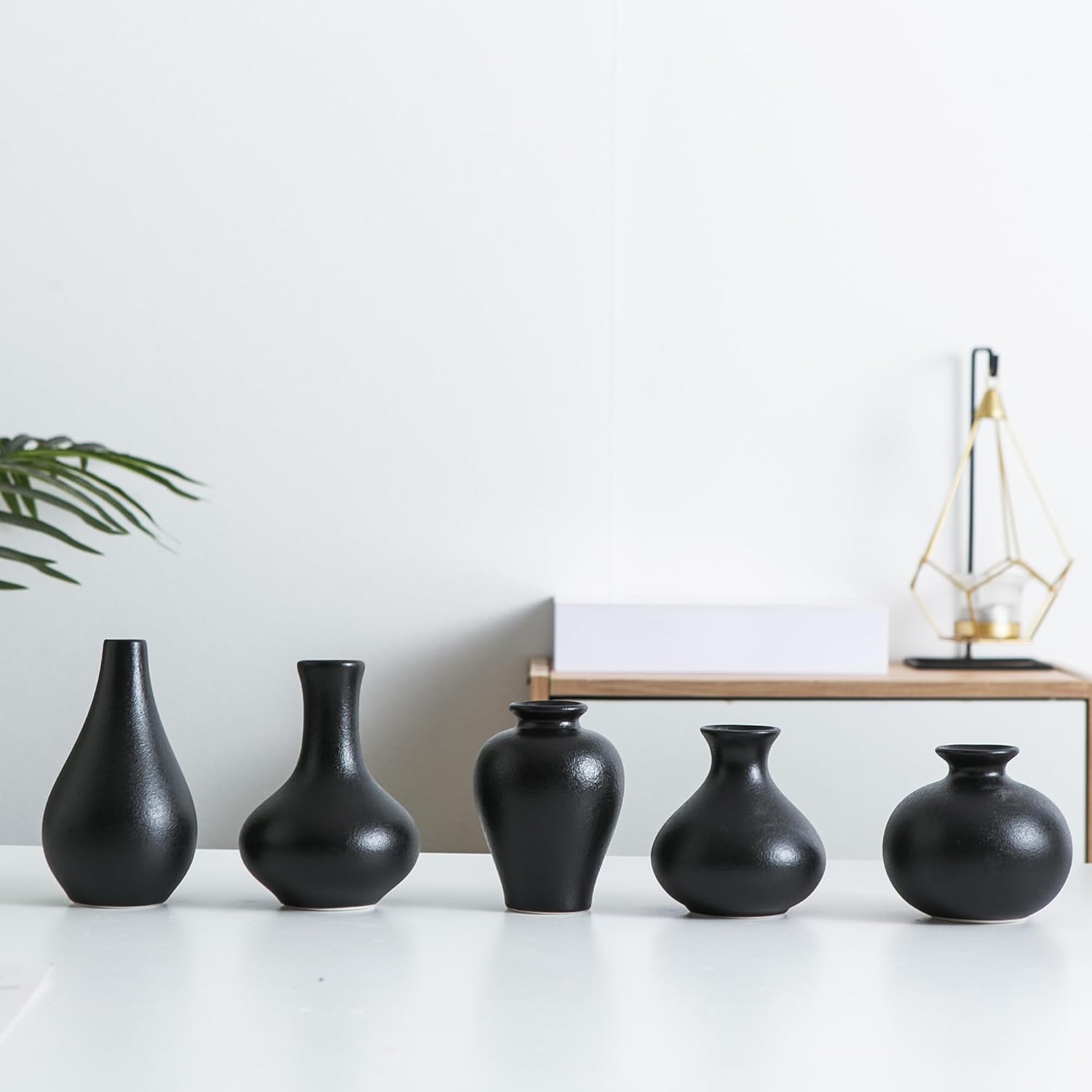 Small Ceramic Vase Set of 5, Black Bud Vase with Boho Decorative Design for Fireplace, Entryway & Living Room Centerpiece