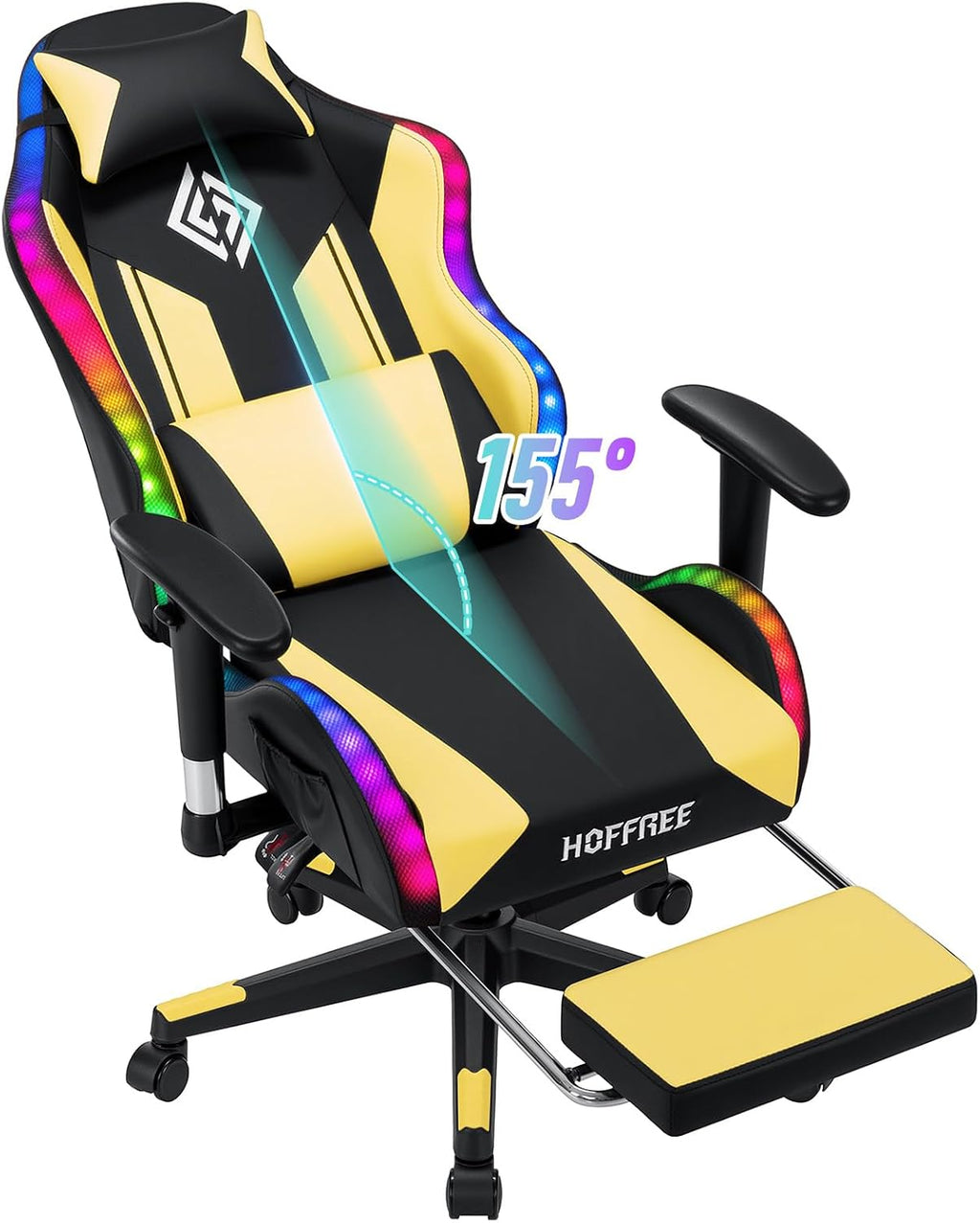 HOFFREE LED Gaming Chair for Kids Reclining Gaming Chairs for Teens 8-15 Computer Chair with Led Lights Kids PC Game Chair with Footrest and Lumbar Support Video Game Chairs Yellow and Black