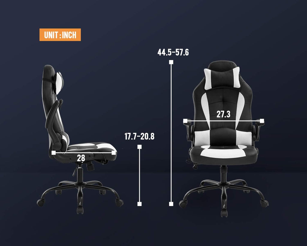 Vnewone Computer Gaming Chair Office PC Ergonomic Executive Desk Racing Rolling Swivel Task PU Leather with Lumbar Support Headrest Adjustable Armrest Massager, White