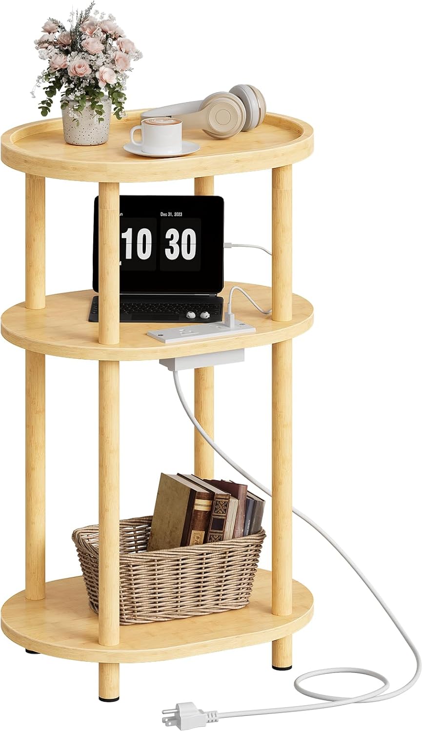 HOOBRO Small Side Table with Charging Station, Small End Table, 3-Tier Oval Bamboo Accent Table, Compact Sofa Bedside Table, for Living Room, Bedroom, Apartment, Natural YL177UBZ01
