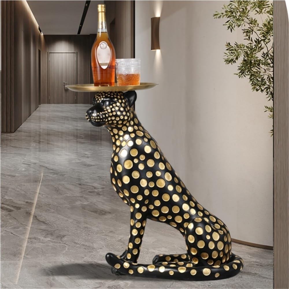Leopard Statue Accent Table, Animal Side Table for Home, Cheetah Statue with Metal Tray, End Table Use in Living Rooms, Entryways and Bedroom(Black)