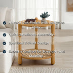 Harbor Oak 20" Round Oak Wood End Table with Seagrass Accents and Shelf Storage | Coastal Boho Side Table. Natural Oak Finish.