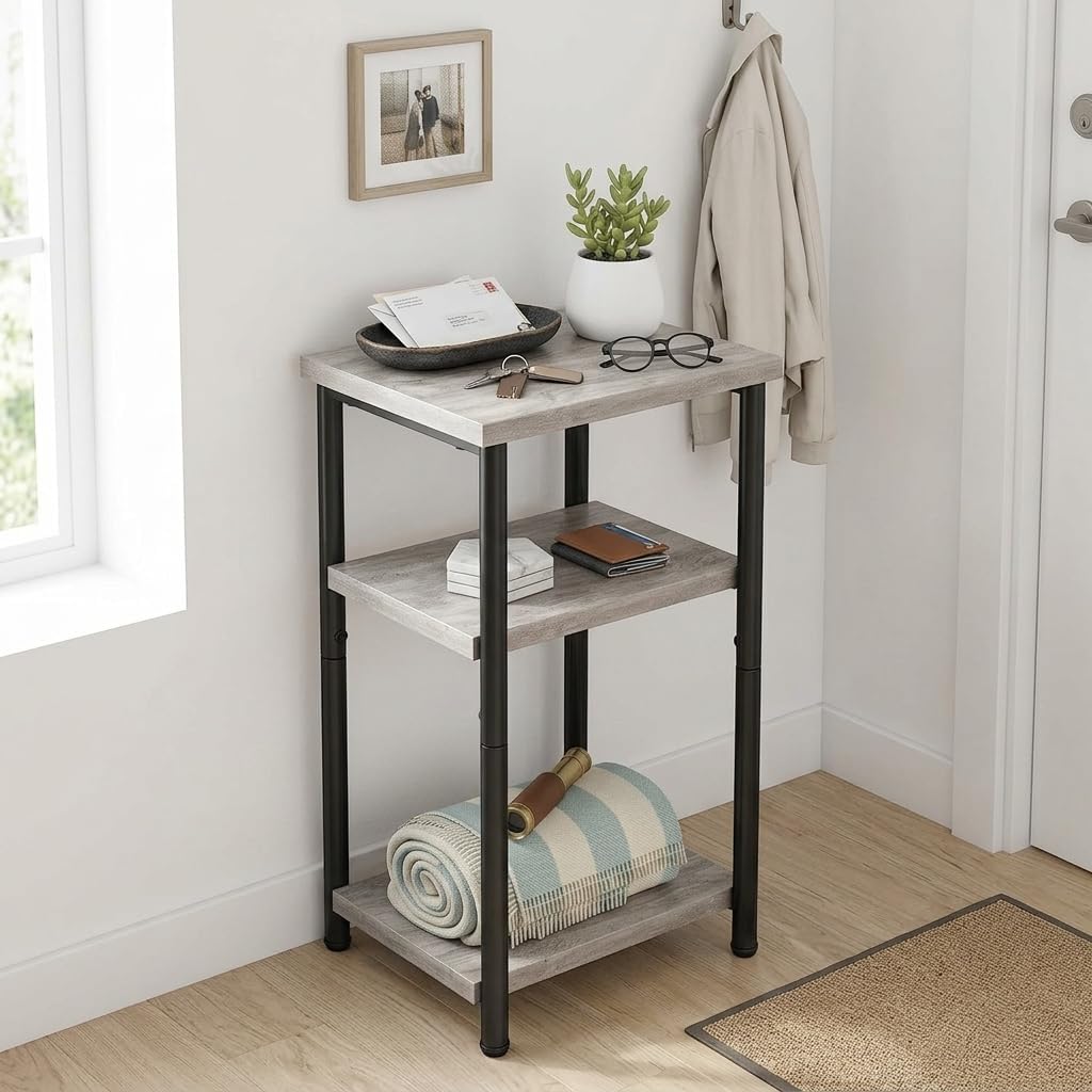 3 Tier End Table for Small Space, Modern Oak Grey Side Table with Metal Frame, Compact Nightstand for Living Room, Bedroom, and Office