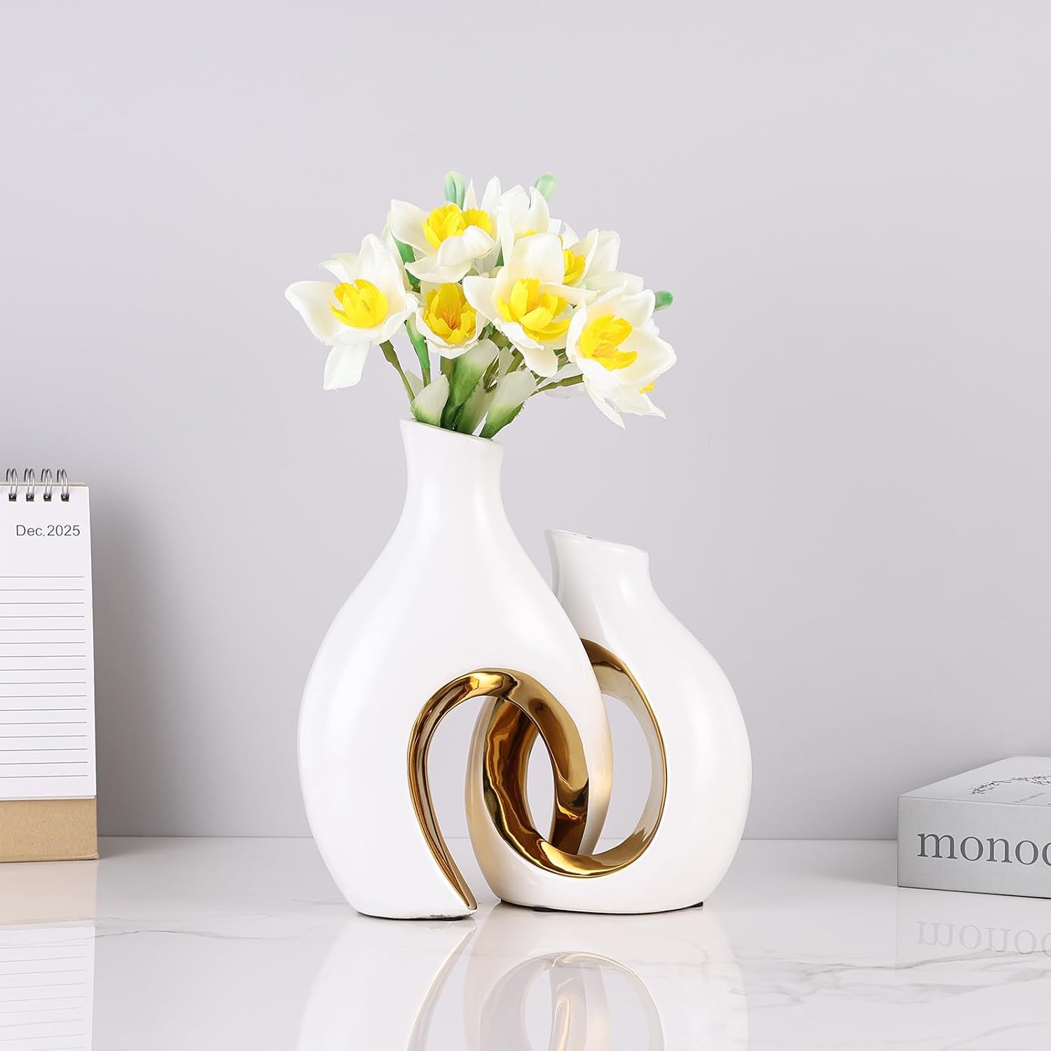 Ceramic Vase Set of 2 for Home Decor, White and Gold Abstract Intertwined Sculptural Vases, Decorative Pottery Centerpiece for Living Room, Dining Table or Entryway, Minimalist Art Decor Gift