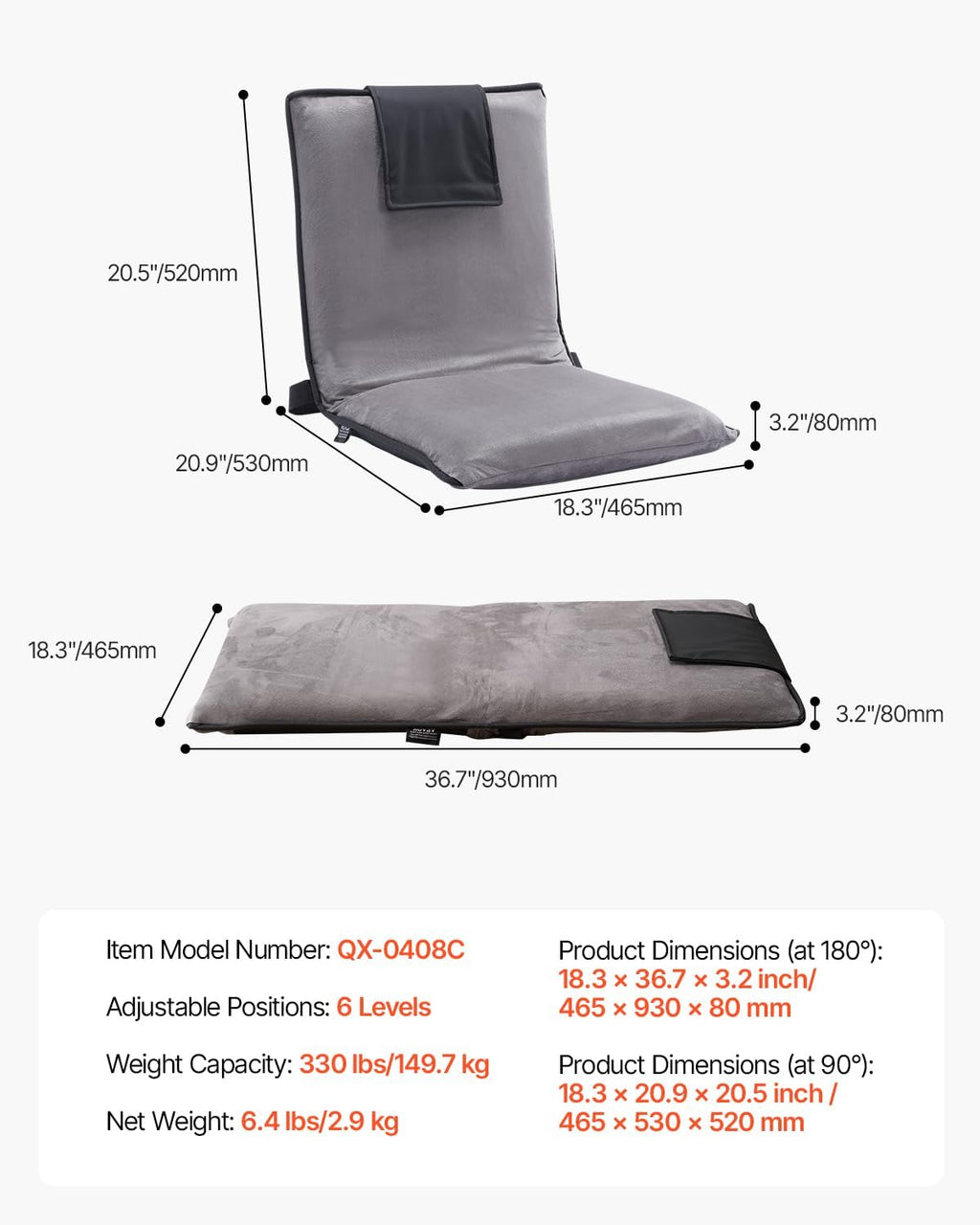 VEVOR Floor Chair, 6-Position Adjustable Meditation Chair with Back Support, Folding Sofa Chair for Reading TV Watching and Gaming, Portable Floor Seat Lounge Sofa Chair for Kids Teens Adults, Gray