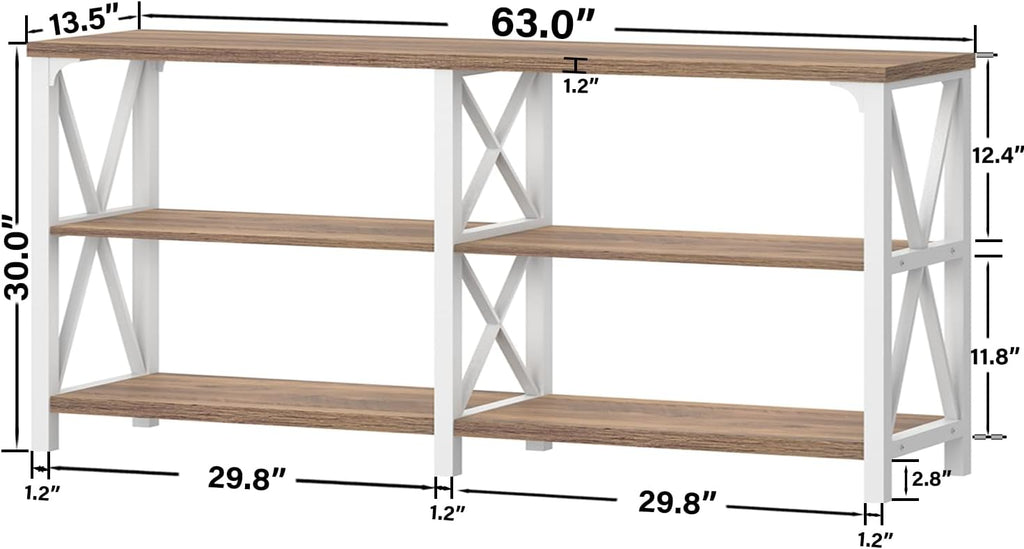 IBF Industrial Console Tables for Entryway, White and Rustic Oak, 63in | Farmhouse 3 Tier Wood and Metal Entryway Table with storage, Long Narrow Sofa Table Behind Couch