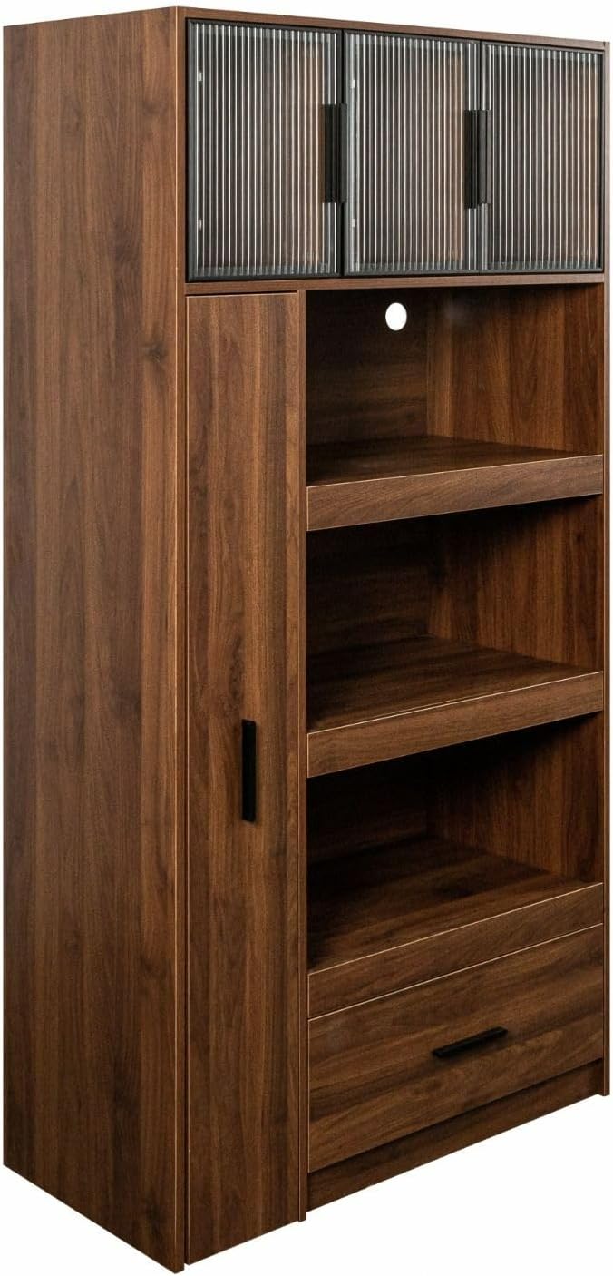 70.87" Kitchen Pantry Cabinet with Multi-Functional Pull-Out Storage Shelves, Glass Door, Drawer, Walnut Wood Cupboard for Kitchen, Dining Room, Microwave Stand, Coffee Bar